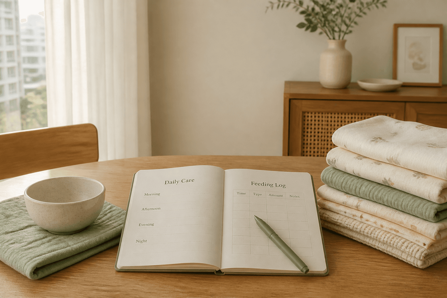 An open daily care notebook, feeding log, bowl, pen and folded baby textiles on a dining table.