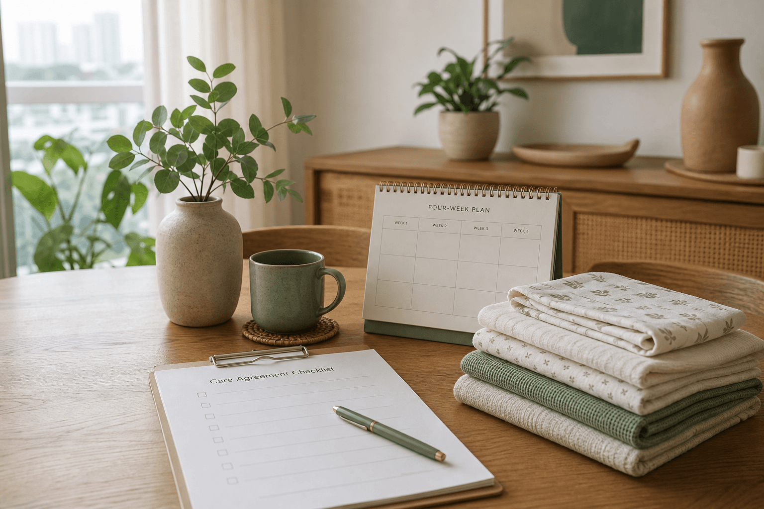A care agreement checklist, pen, calendar and folded baby textiles on a dining table.