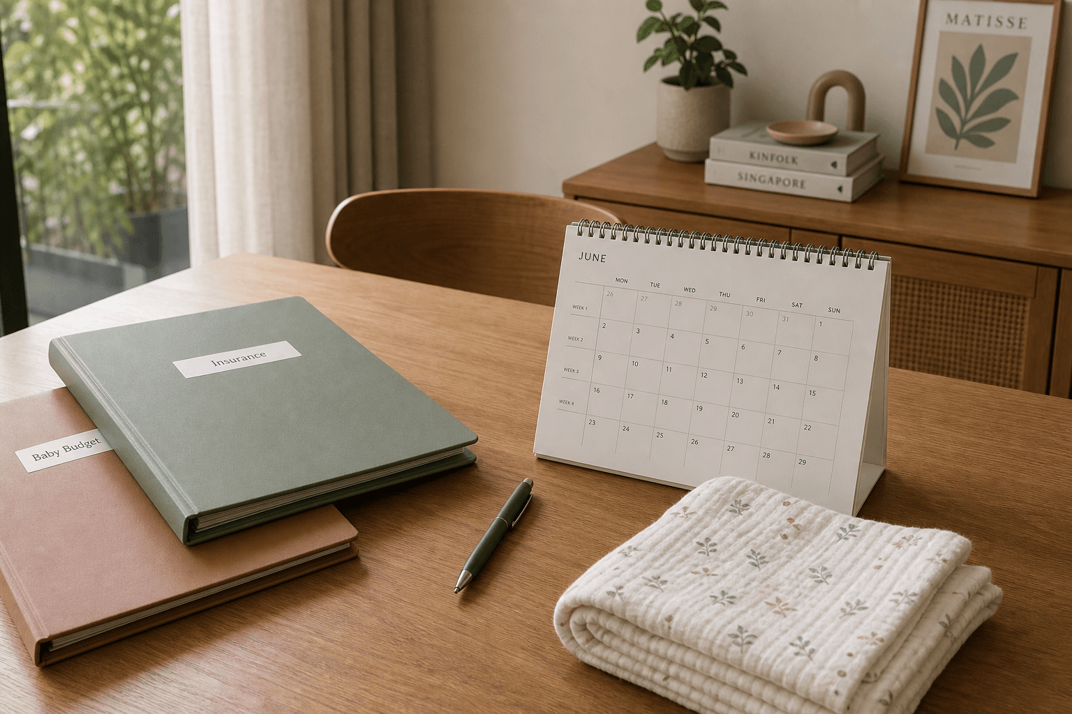 Folders, a pen, a four-week calendar, and a folded muslin cloth on a Singapore dining table.