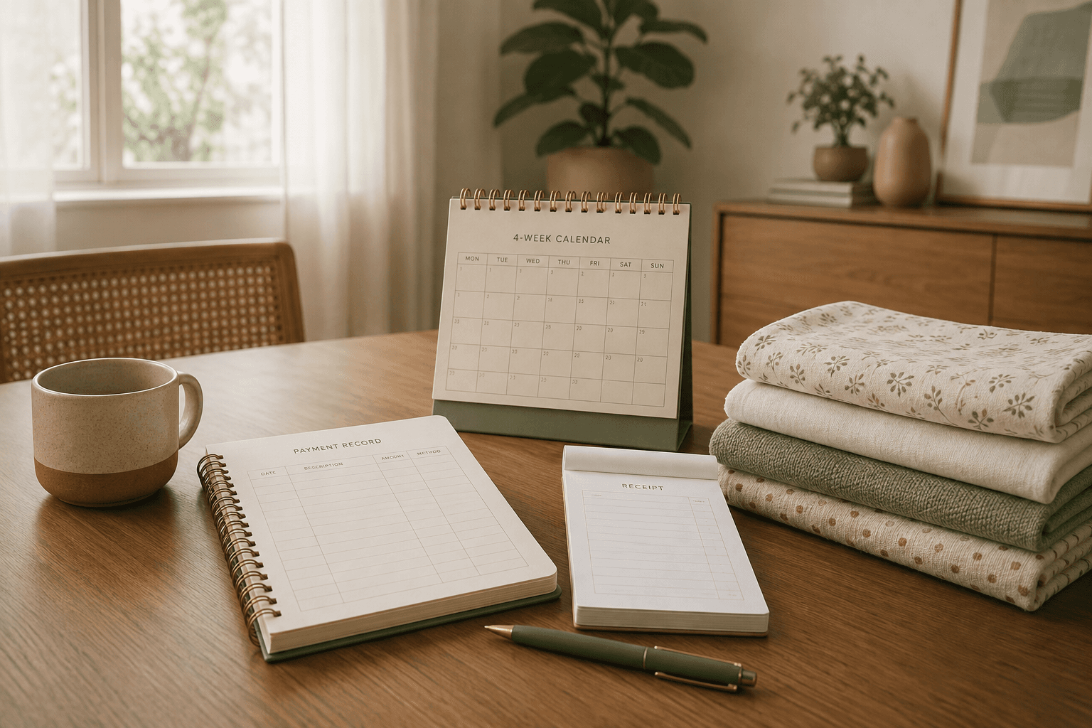 A payment record notebook, receipt pad, calendar, pen and folded baby textiles on a dining table.