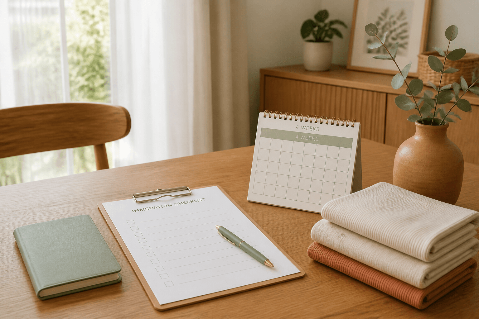 An immigration checklist, calendar, pen and folded baby textiles on a dining table.
